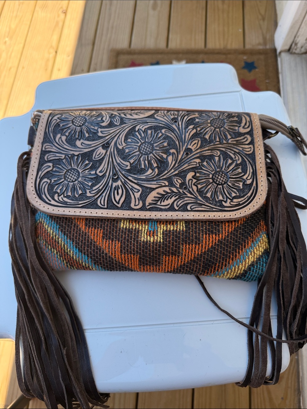 Myra Leather Tooled Floral Crossbody Bag with Multicolor Woven Body NEW